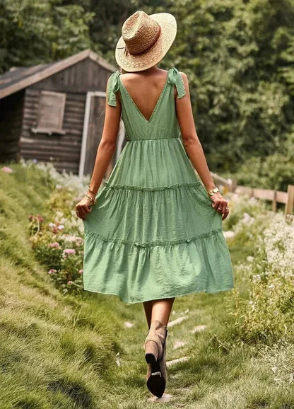 Tiered V neck dress with ties