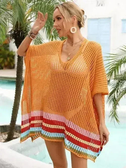 Magenta, Orange &amp; White Striped Open Knit Cover-Up – Boho Beach Wrap