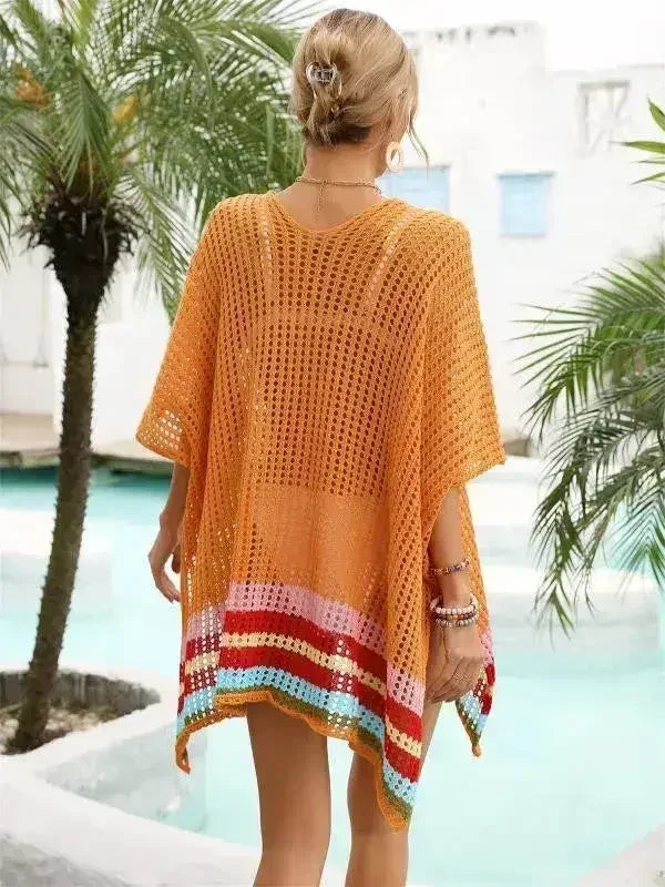 Magenta, Orange &amp; White Striped Open Knit Cover-Up – Boho Beach Wrap