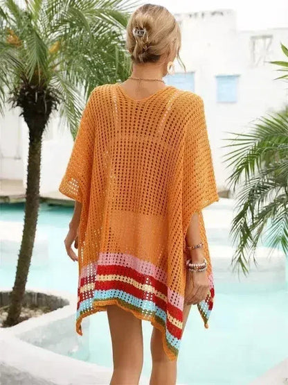 Magenta, Orange &amp; White Striped Open Knit Cover-Up – Boho Beach Wrap