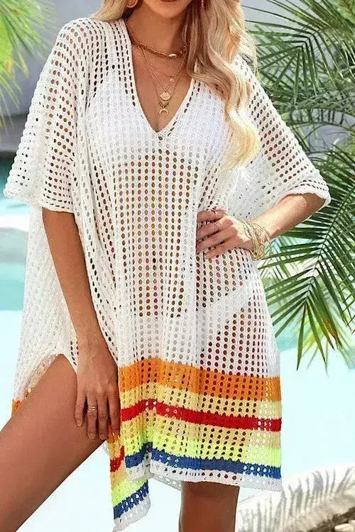 Magenta, Orange &amp; White Striped Open Knit Cover-Up – Boho Beach Wrap