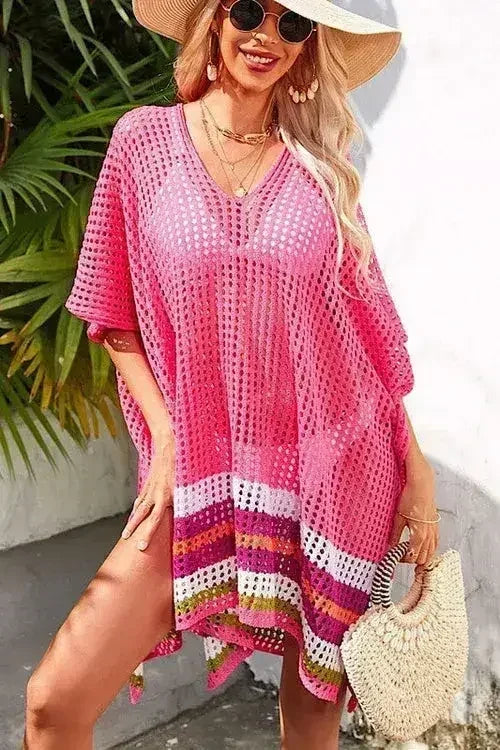 Magenta, Orange &amp; White Striped Open Knit Cover-Up – Boho Beach Wrap
