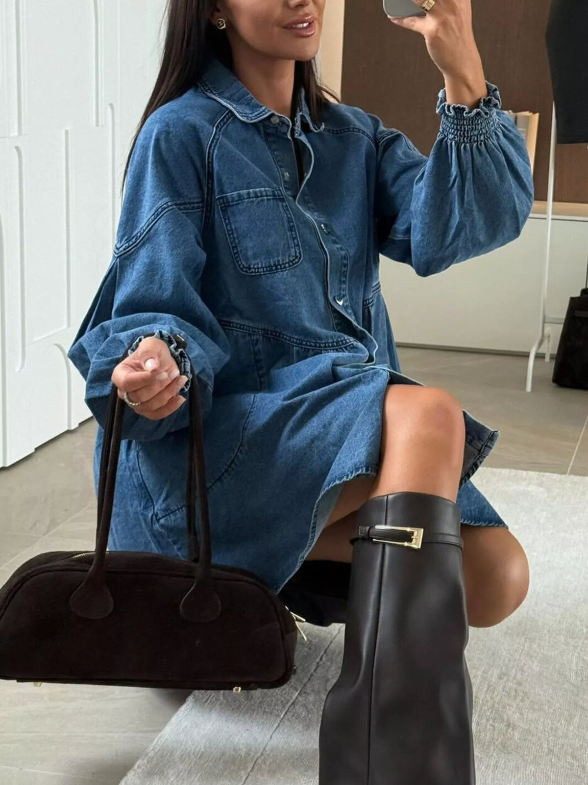 Button Down Mini Denim Dress with Front Pockets