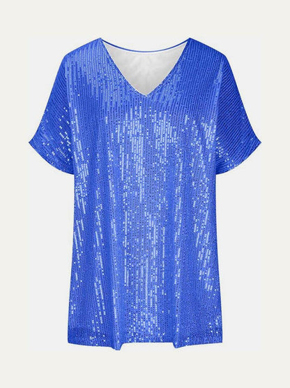 Full Size Sequin V-Neck Short Sleeve Top for Women