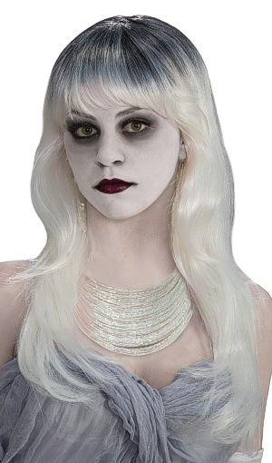 Haunted Ghost Long Gray and White Wig with Bangs