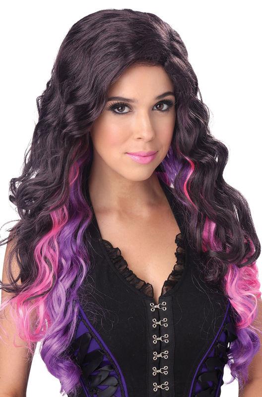 Brown Purple Pink Color Cascade Long Curly Wig