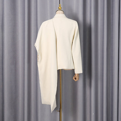 Waterfall Draped Pearl Crystal Bead Trim Asymmetrical Tailored Blazer