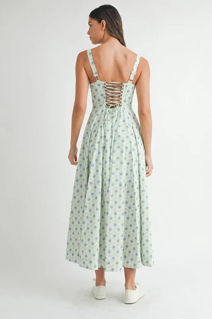 MABLE Floral Print Bustier Back Lace Up Midi Dress