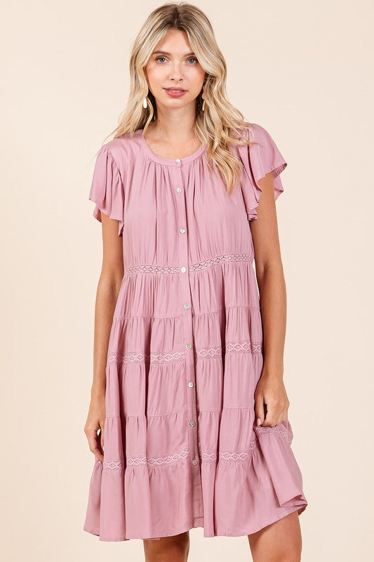 Lace Detail Ruffled Button Down Tiered Dress For Women – Romantic, Fluttering, Delicate, Feminine &amp; Elegant Design