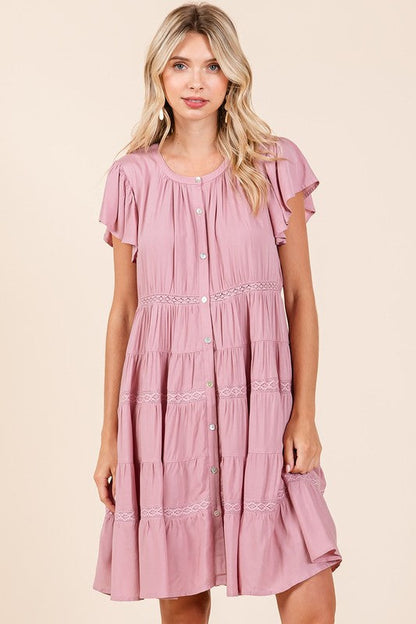 Lace Detail Ruffled Button Down Tiered Dress For Women – Romantic, Fluttering, Delicate, Feminine &amp; Elegant Design