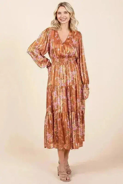 Mittoshop Flower Print Satin Lurex Stripe Smocked Midi Dress