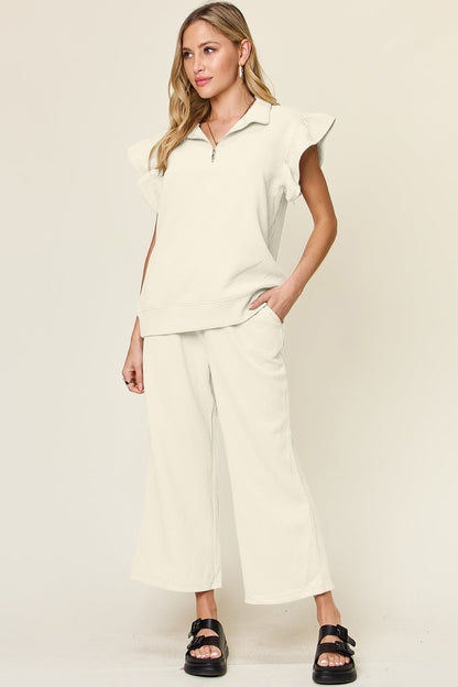 Textured Ruffle Top &amp; Drawstring Wide Leg Pants Set