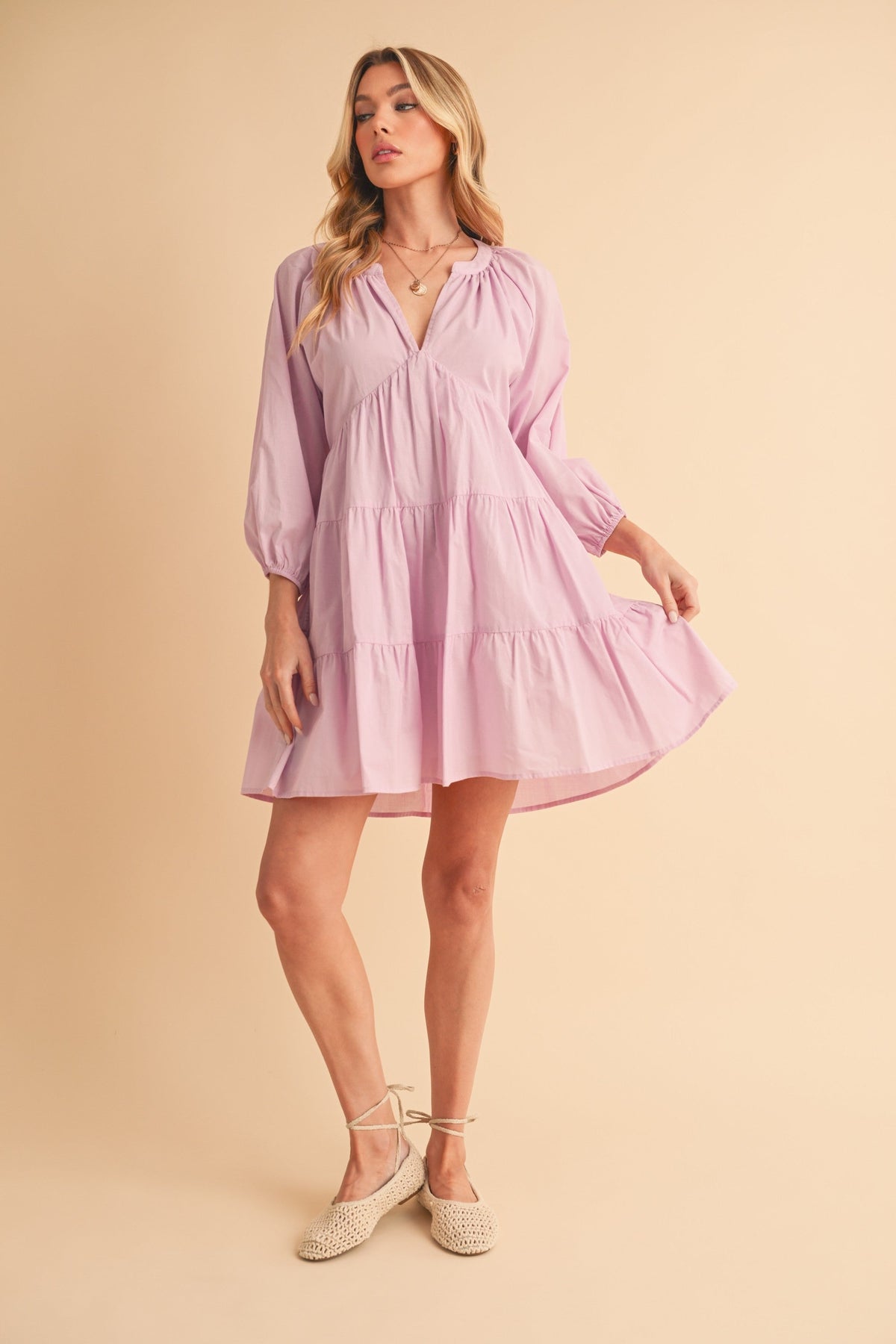 Notched Balloon Sleeve Tiered Mini Dress For Women–Trendy, Chic Style with Modern Balloon Sleeves, Tiered Layers for a Playful &amp; Flirty Look