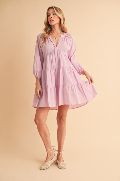 Notched Balloon Sleeve Tiered Mini Dress For Women–Trendy, Chic Style with Modern Balloon Sleeves, Tiered Layers for a Playful &amp; Flirty Look