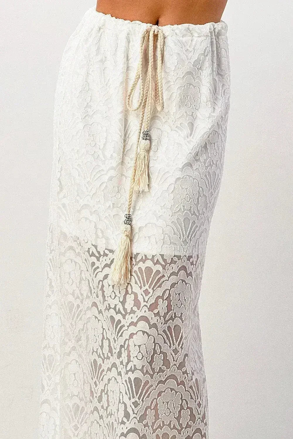 Sheer Lace Maxi Skirt - Drawstring Waist &amp; Bow | Femstylo