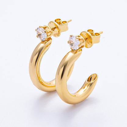 18K Gold Filled 25mm Clear CZ Round C-Shaped Hoop Earrings | Earrings-00151