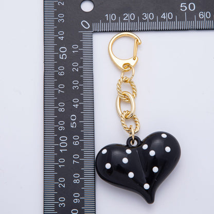18K Gold Filled 100mm Black Polka Dotted Chubby Heart Twisted Cable Chain Drop Keychain Accessories | WB-00128