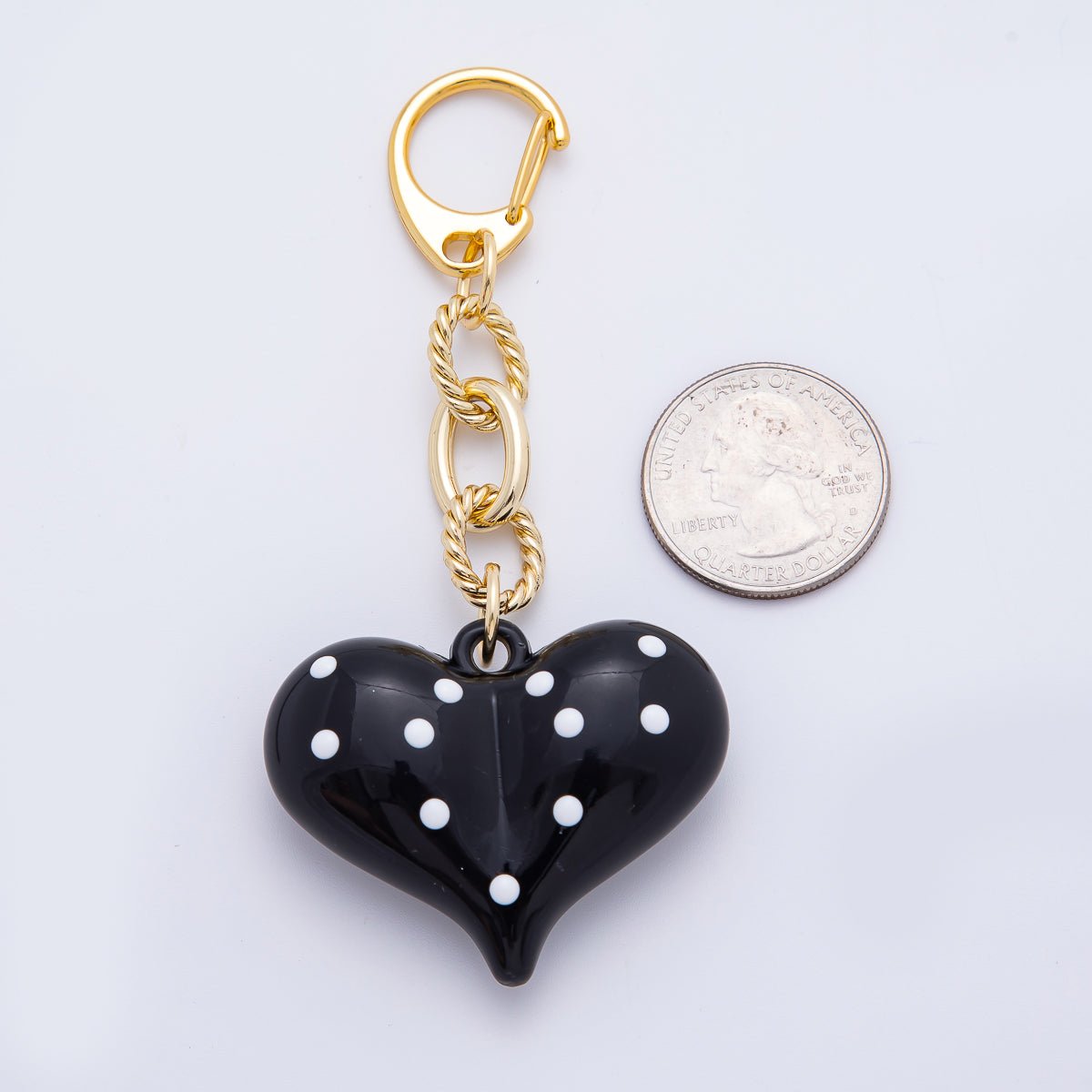18K Gold Filled 100mm Black Polka Dotted Chubby Heart Twisted Cable Chain Drop Keychain Accessories | WB-00128