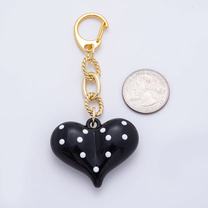 18K Gold Filled 100mm Black Polka Dotted Chubby Heart Twisted Cable Chain Drop Keychain Accessories | WB-00128
