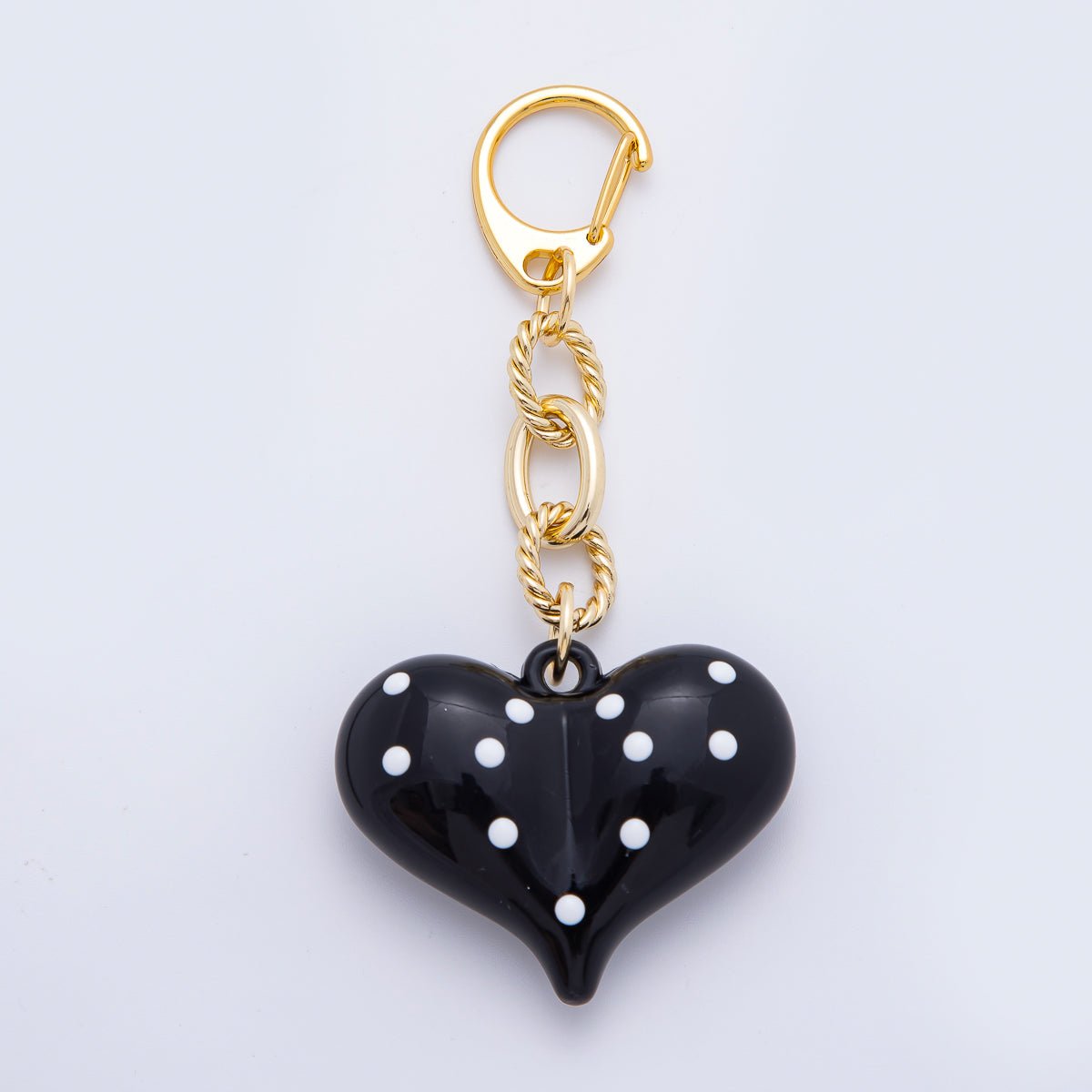 18K Gold Filled 100mm Black Polka Dotted Chubby Heart Twisted Cable Chain Drop Keychain Accessories | WB-00128