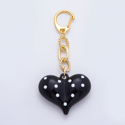 18K Gold Filled 100mm Black Polka Dotted Chubby Heart Twisted Cable Chain Drop Keychain Accessories | WB-00128