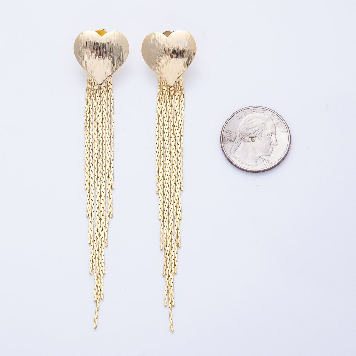 18K Gold Filled 106mm Textured Heart Snake Chain Fringe Drop Stud Earrings | T487