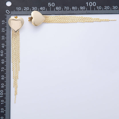 18K Gold Filled 106mm Textured Heart Snake Chain Fringe Drop Stud Earrings | T487