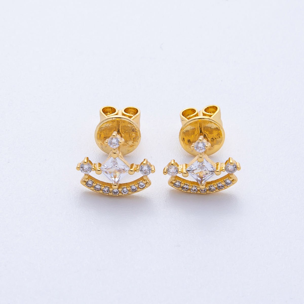 18K Gold Filled 10mm Clear CZ Micro Paved Curved Cluster Geometric Stud Earrings | Earrings-00131