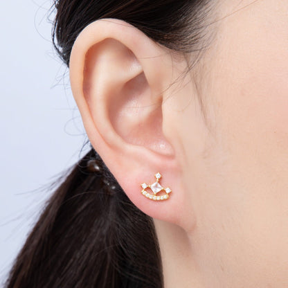 18K Gold Filled 10mm Clear CZ Micro Paved Curved Cluster Geometric Stud Earrings | Earrings-00131