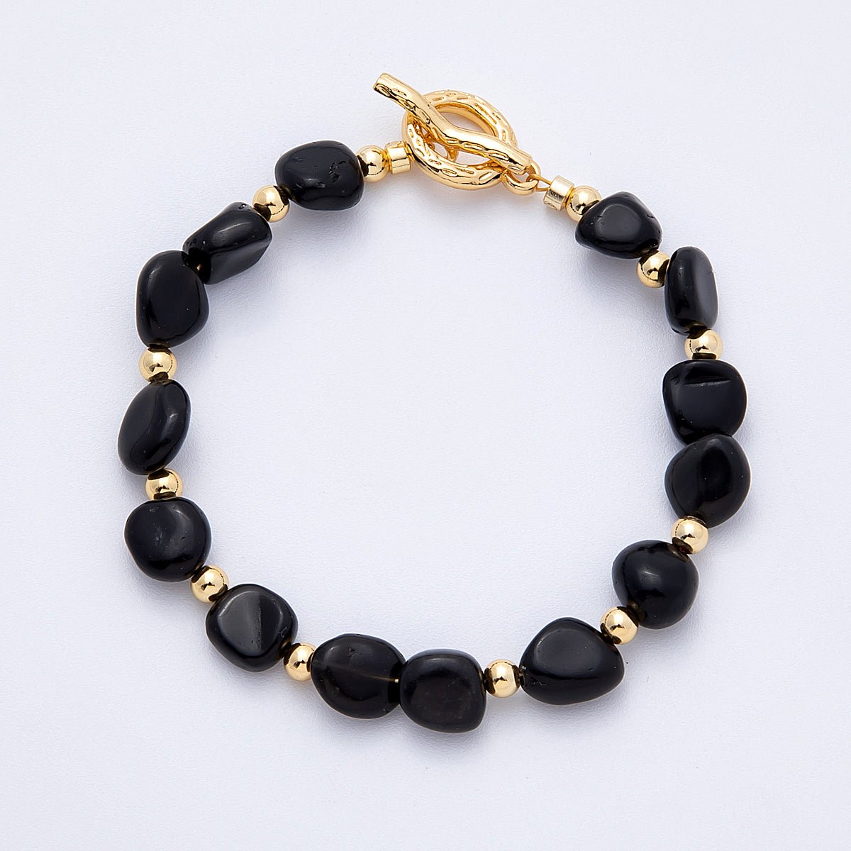 18K Gold Filled 10mm Onyx, Carnelian, Amazonite Pebble Gemstone Bead 7.5 Inch Toggle Bracelet | WA-4105