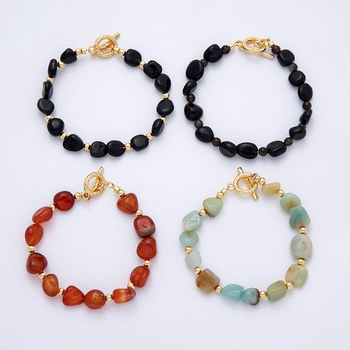 18K Gold Filled 10mm Onyx, Carnelian, Amazonite Pebble Gemstone Bead 7.5 Inch Toggle Bracelet | WA-4105