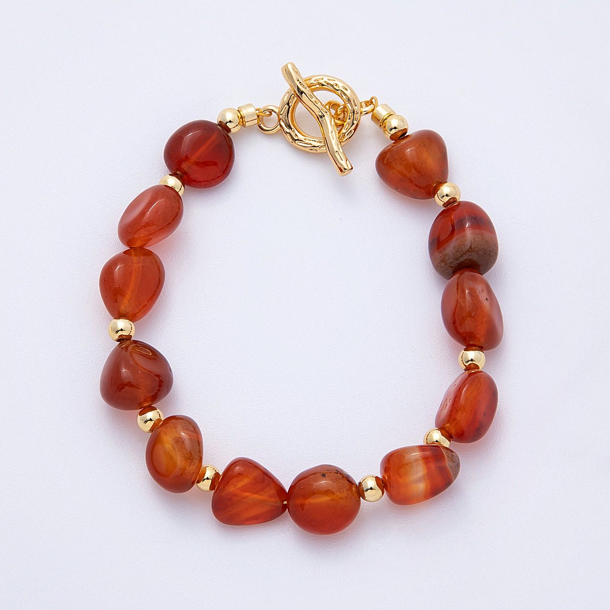 18K Gold Filled 10mm Onyx, Carnelian, Amazonite Pebble Gemstone Bead 7.5 Inch Toggle Bracelet | WA-4105