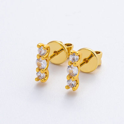 18K Gold Filled 10mm Round CZ Linear Cluster Minimalist Stud Earrings | AD1565