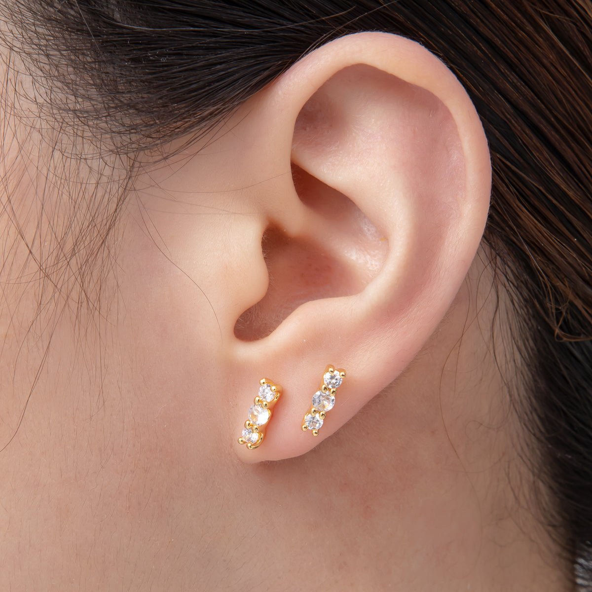 18K Gold Filled 10mm Round CZ Linear Cluster Minimalist Stud Earrings | AD1565