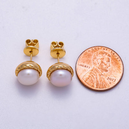 18K Gold Filled 10mm Shell Pearl Rope Bezel Round Stud Earrings | Earrings-00353