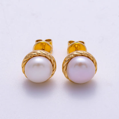18K Gold Filled 10mm Shell Pearl Rope Bezel Round Stud Earrings | Earrings-00353