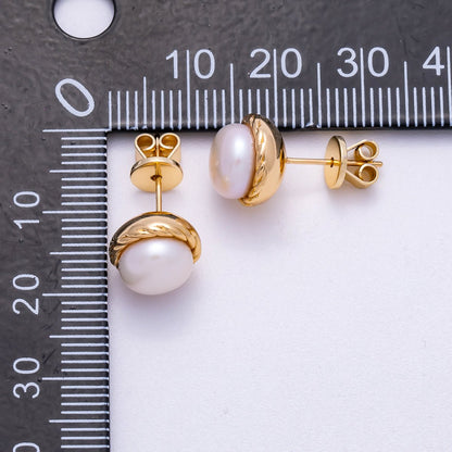 18K Gold Filled 10mm Shell Pearl Rope Bezel Round Stud Earrings | Earrings-00353