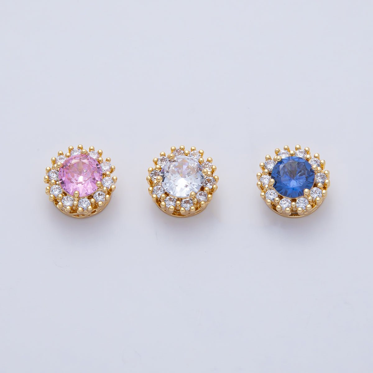 18K Gold Filled 11.5mm Blue, Pink, Clear CZ Micro Paved Round Spacer Bead | B527 B528
