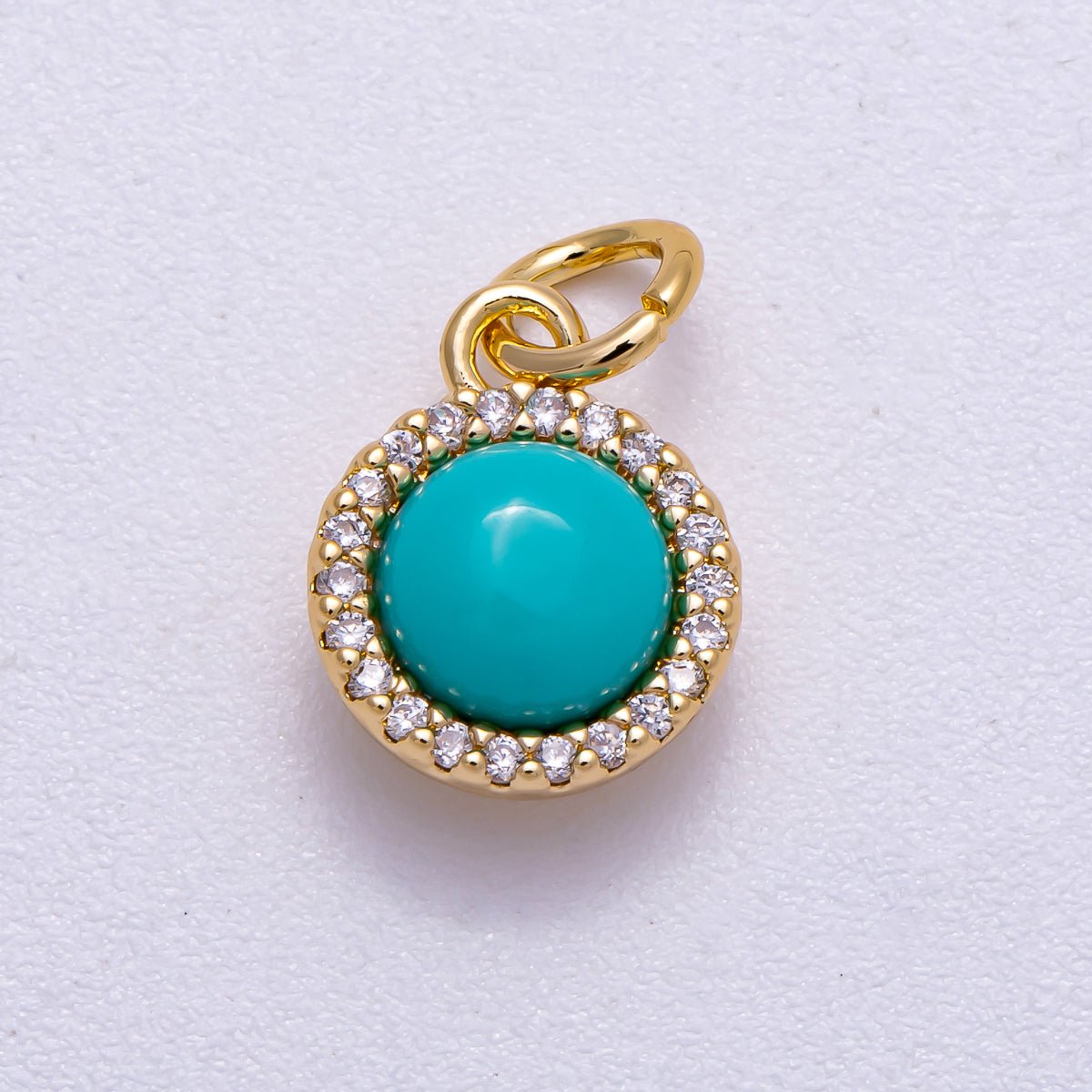 18K Gold Filled 11mm Turquoise Micro Paved CZ Round Bezel Mini Charm | Charms-00551