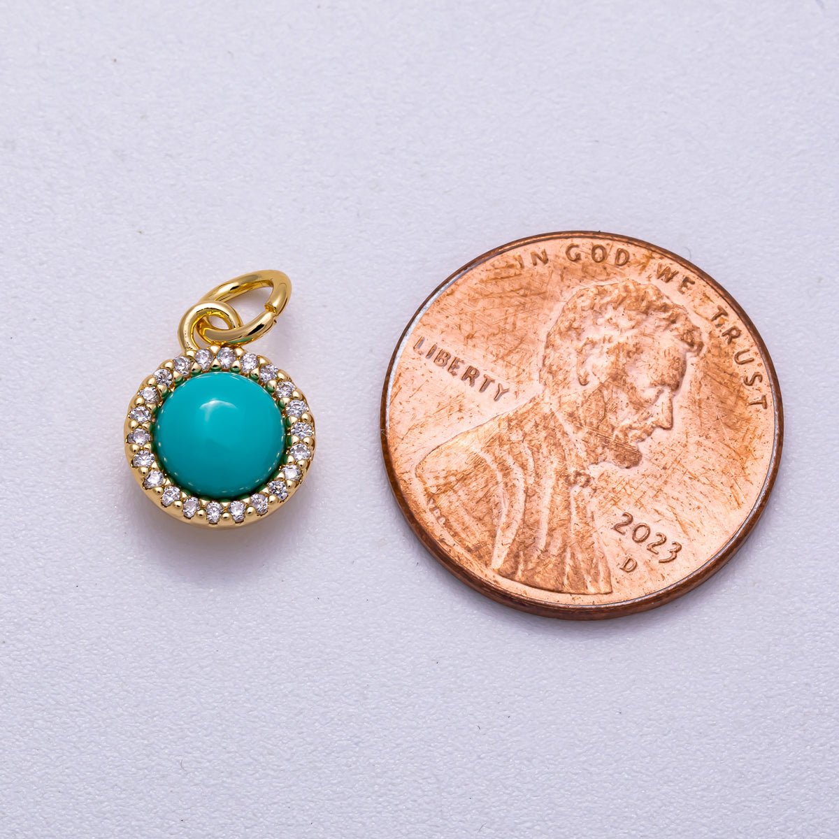 18K Gold Filled 11mm Turquoise Micro Paved CZ Round Bezel Mini Charm | Charms-00551