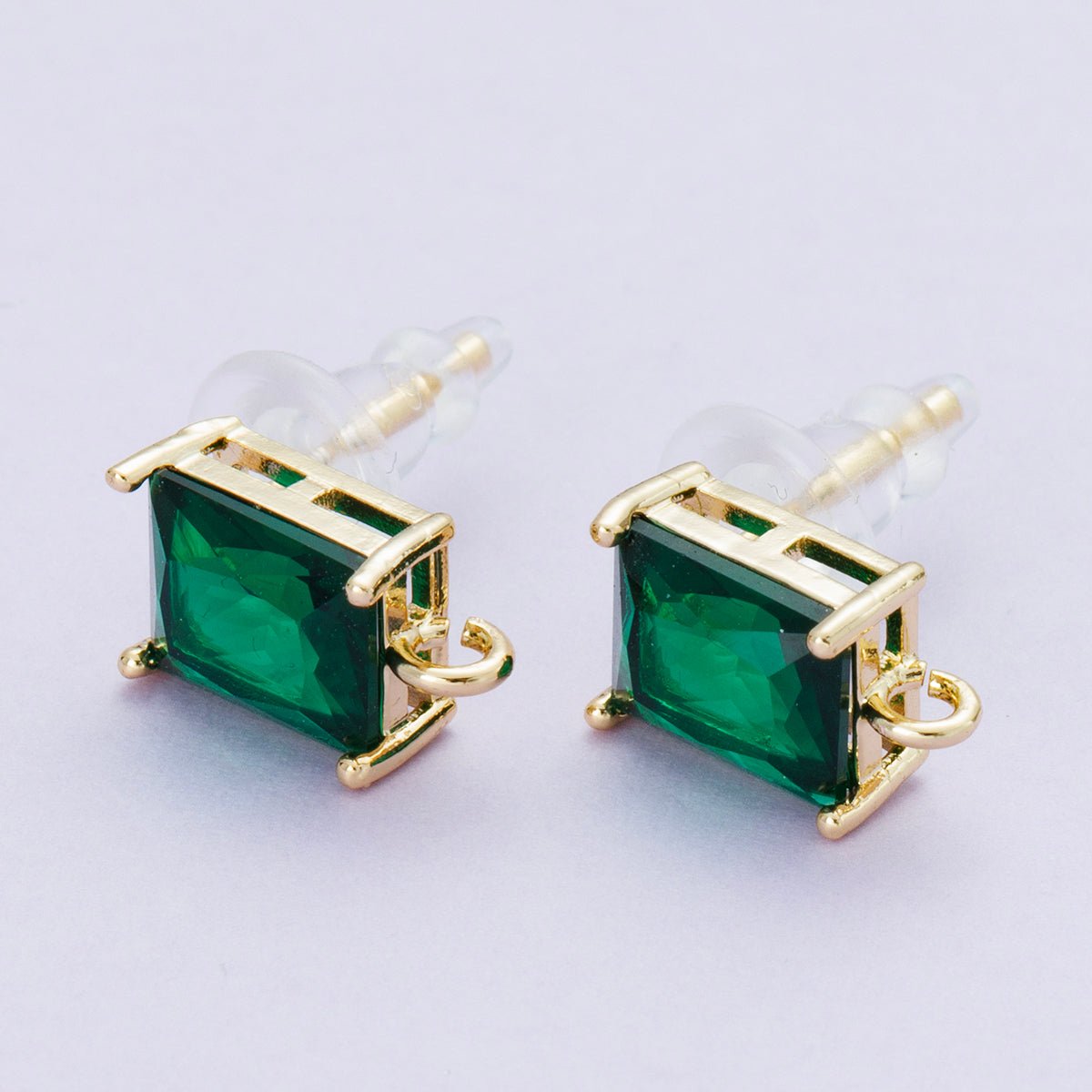 18K Gold Filled 13.5mm Green Baguette CZ Open Loop Drop Stud Earring | Findings-00095