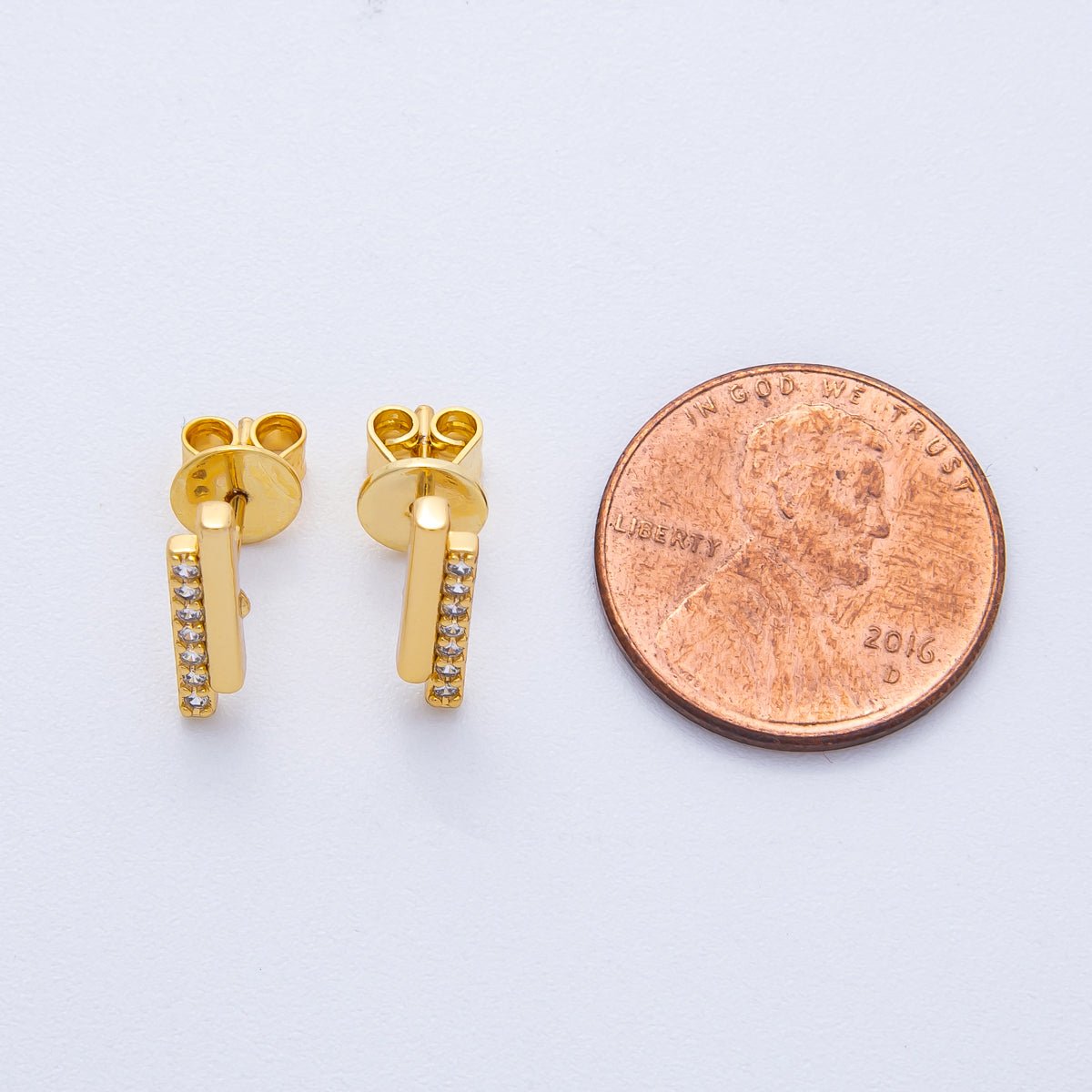18K Gold Filled 13.5mm Micro Paved CZ Double Bar Stud Earrings | Earrings-00105