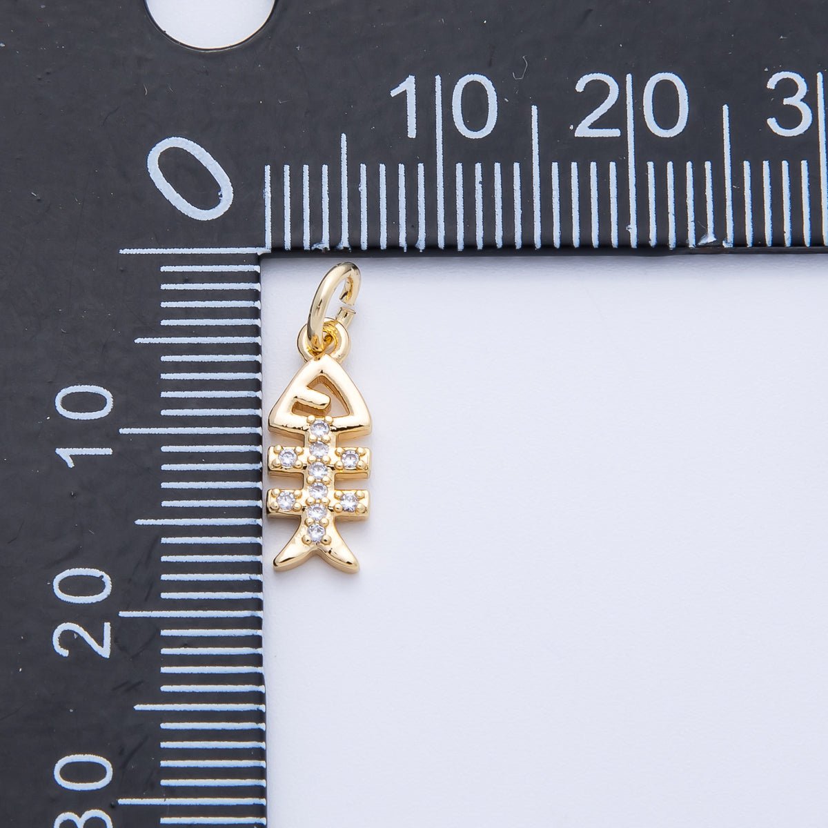 18K Gold Filled 13.5mm Micro Paved CZ Fish Bone Skeleton Charm | Charms-00411