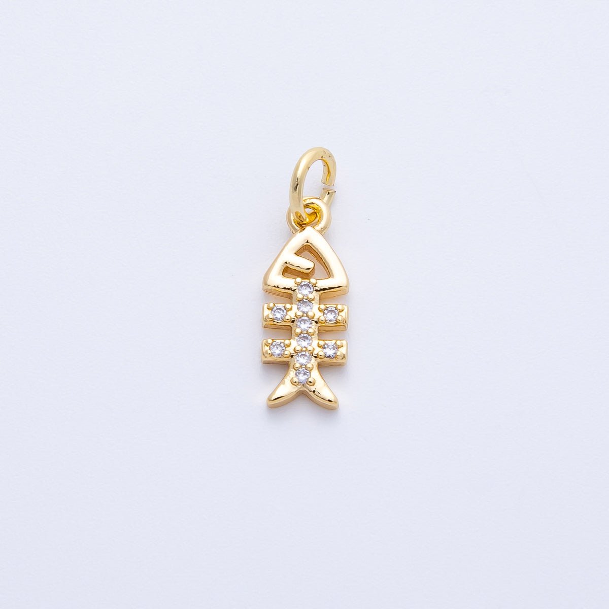 18K Gold Filled 13.5mm Micro Paved CZ Fish Bone Skeleton Charm | Charms-00411