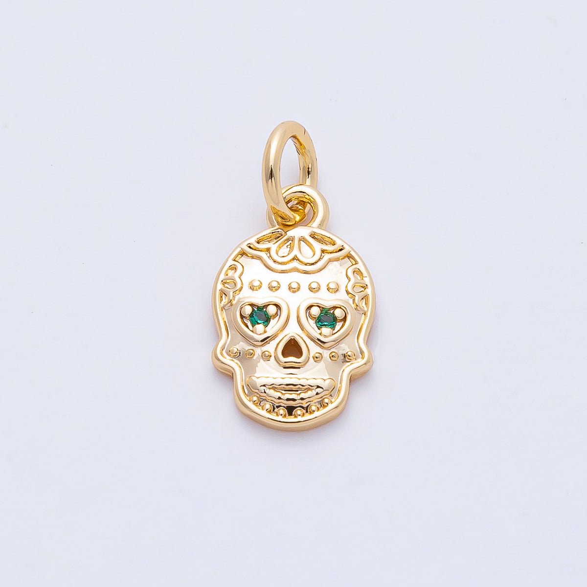 18K Gold Filled 13mm Green CZ Dios Muertos Human Skull Skeleton Head Charm | AF1463