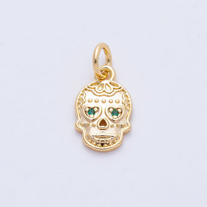 18K Gold Filled 13mm Green CZ Dios Muertos Human Skull Skeleton Head Charm | AF1463