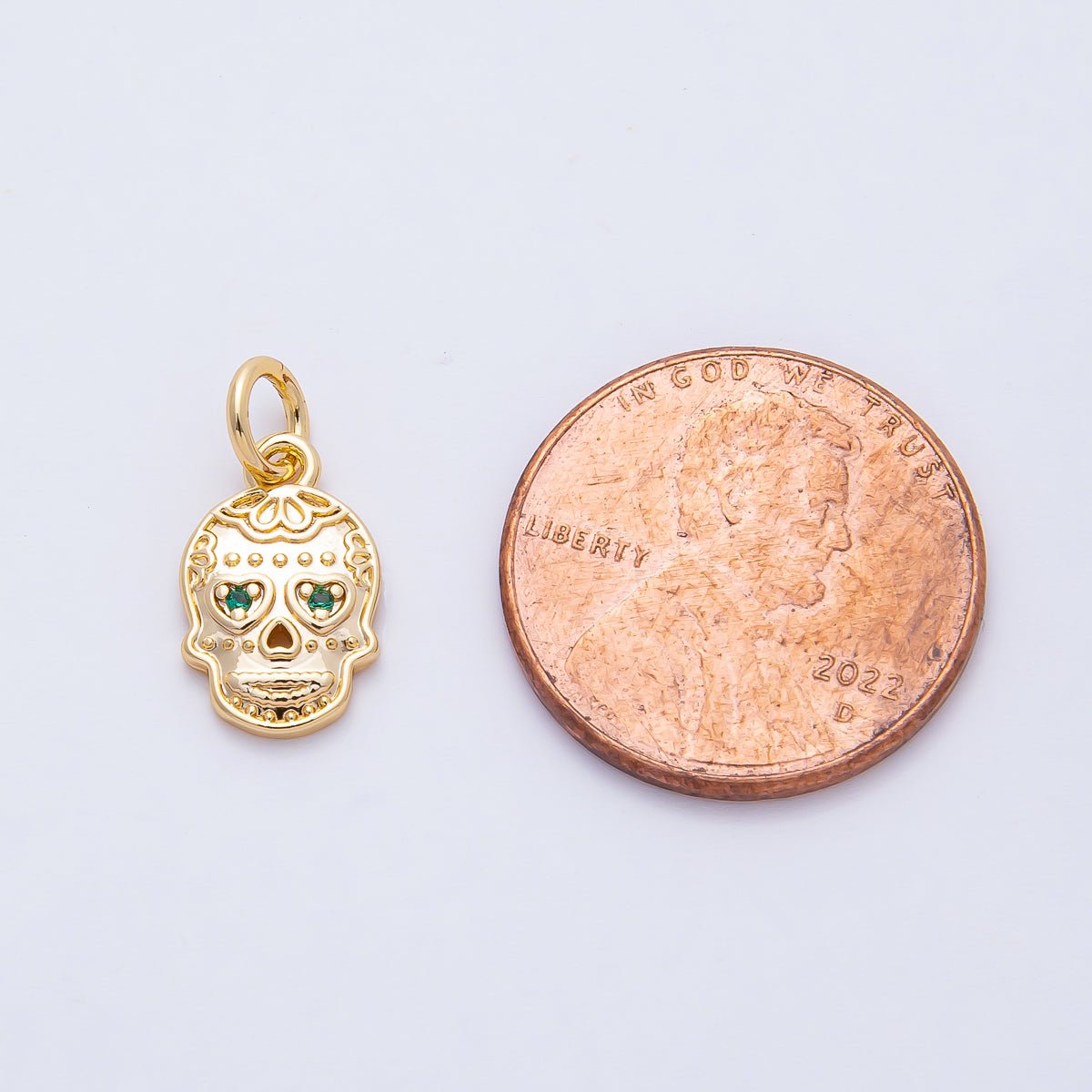 18K Gold Filled 13mm Green CZ Dios Muertos Human Skull Skeleton Head Charm | AF1463