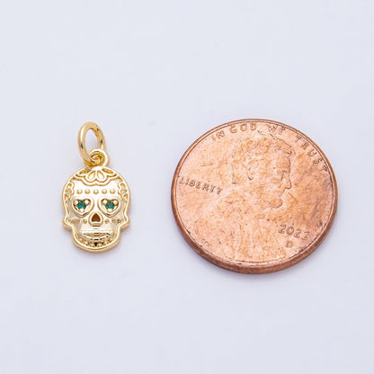 18K Gold Filled 13mm Green CZ Dios Muertos Human Skull Skeleton Head Charm | AF1463