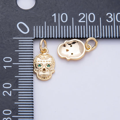 18K Gold Filled 13mm Green CZ Dios Muertos Human Skull Skeleton Head Charm | AF1463