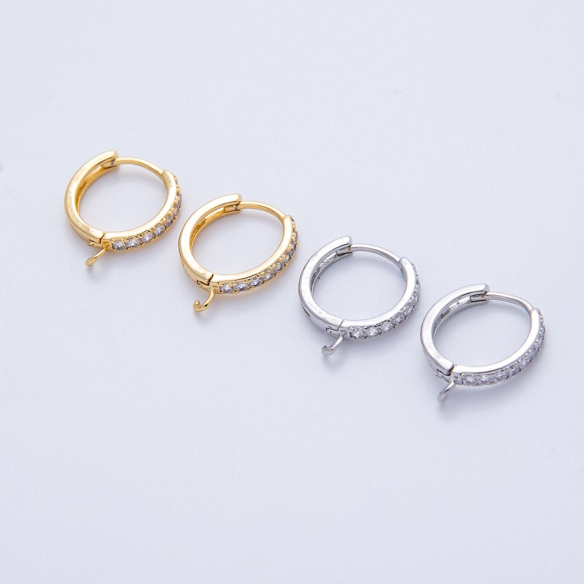 18K Gold Filled 13mm Micro Paved CZ Open Loop Drop Huggie Earrings in Gold &amp; Silver | Findings-00109 Findings-00110